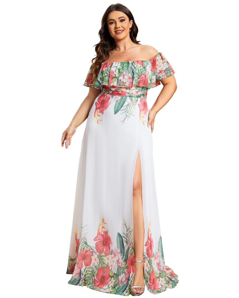 Front of a model wearing a size 10 Summer Printed Chiffon Off the Shoulder A-Line Evening Dress in White Red by Ever-Pretty. | dia_product_style_image_id:296982